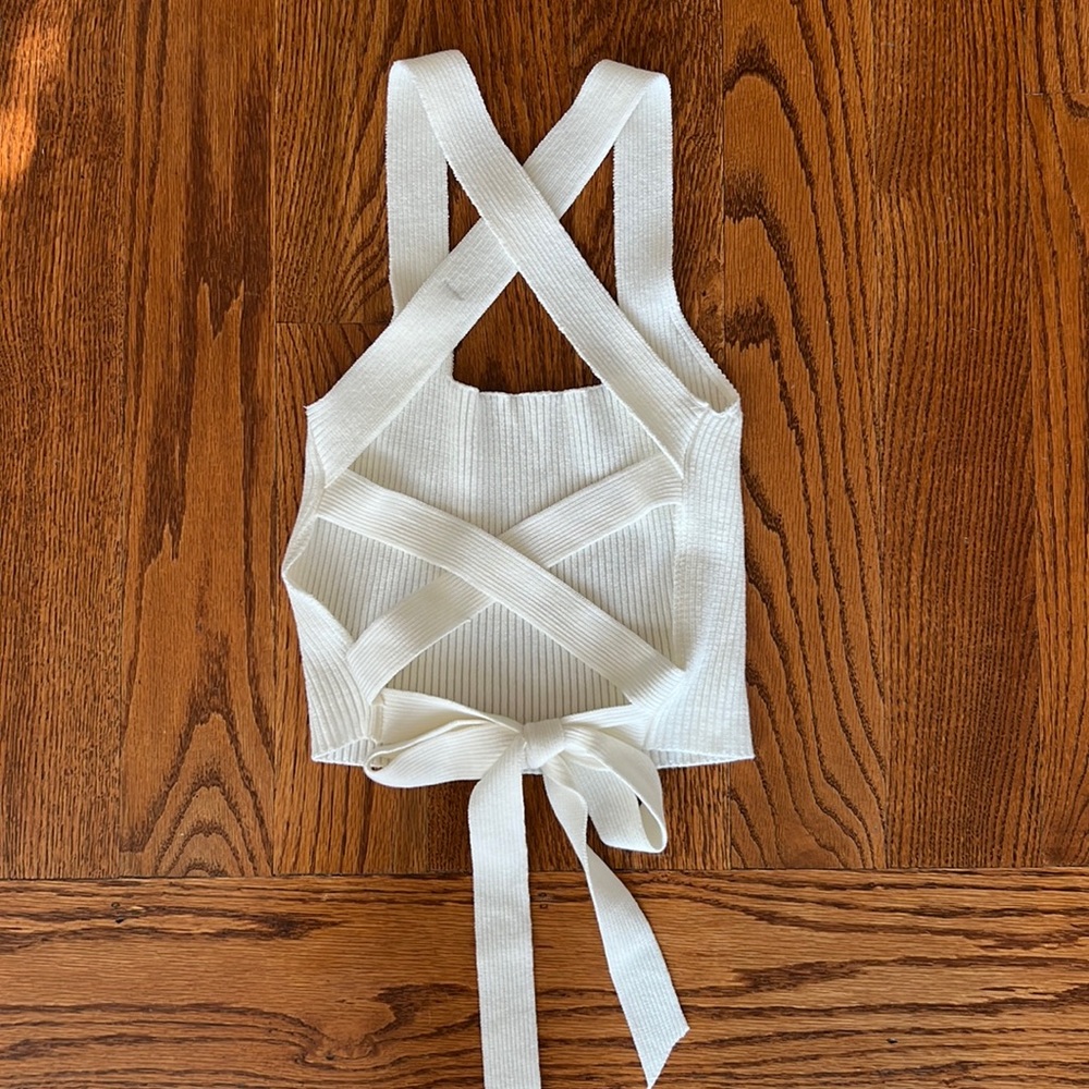 White sweater crop top tie back